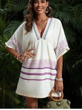 Zara Beaded and Embroidered Dress or Beach Cover-Up with Purple Trim
